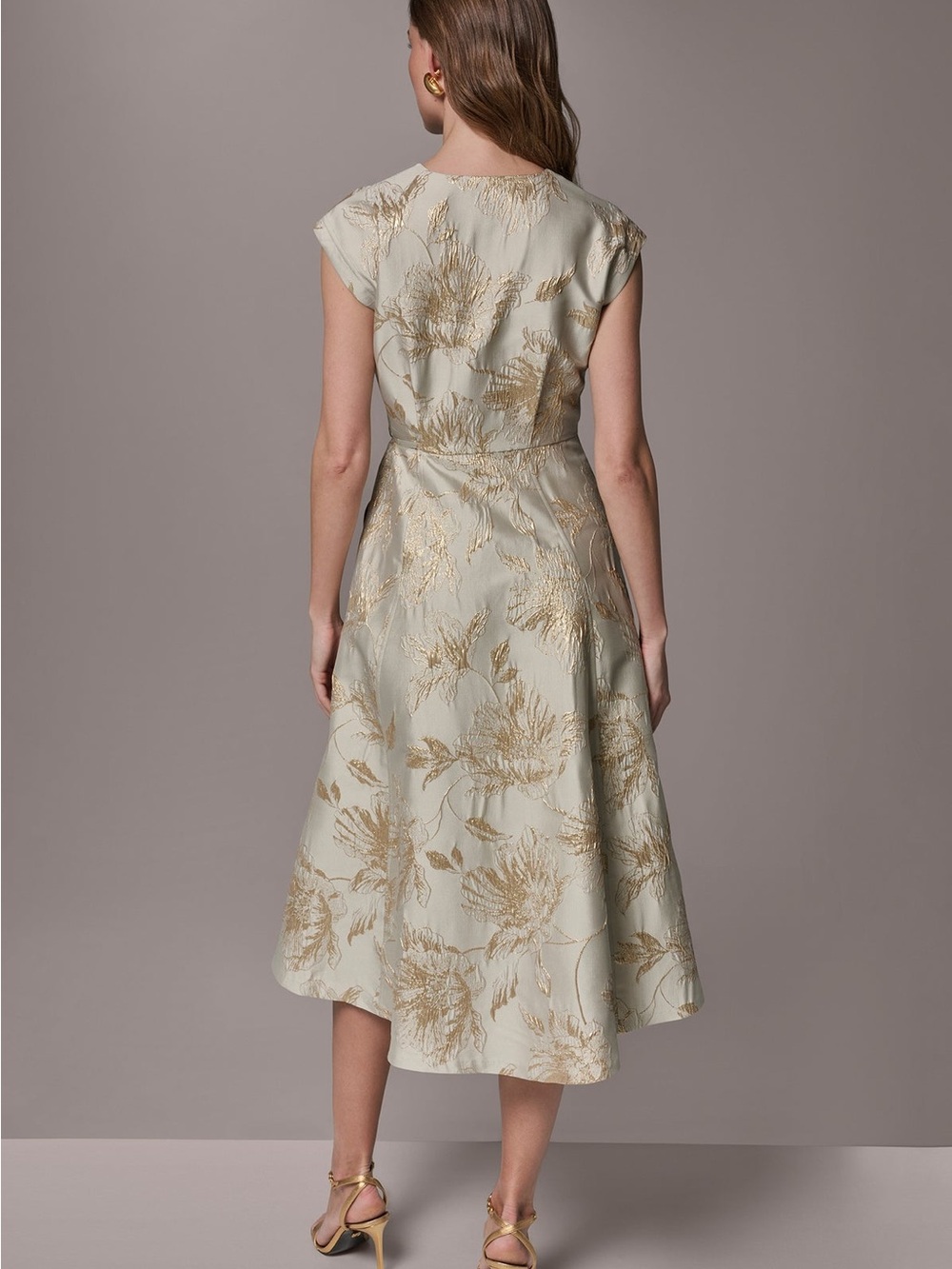 NWT Donna Karan Ivory Gold Floral Jacquard Wrap Midi Dress - Size 12 - Picture 11 of 12